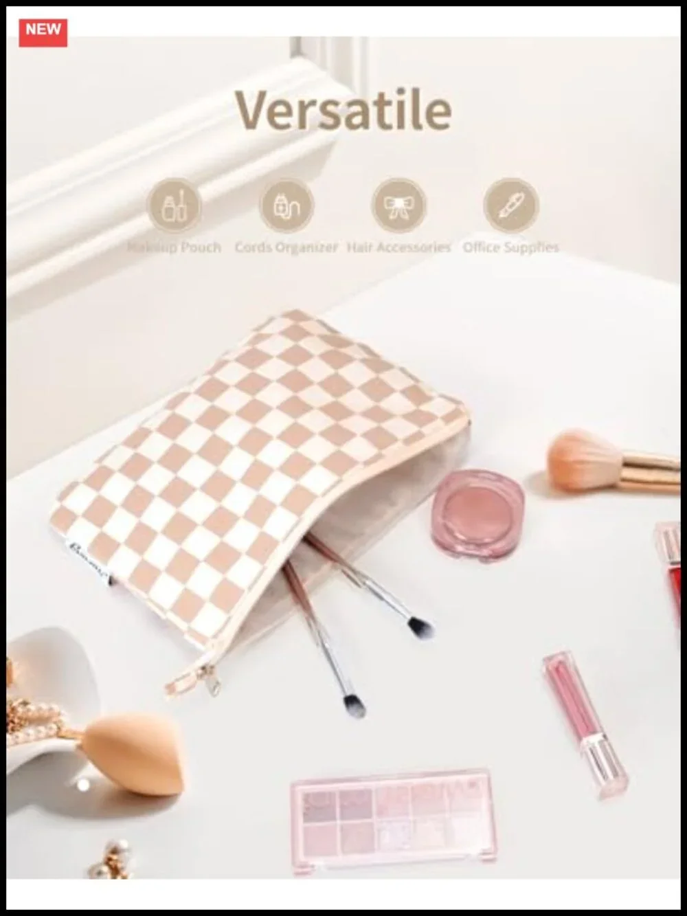 Small Checkered Makeup Bag for Purse, Travel Cosmetic Pouch, Zipper Pouch